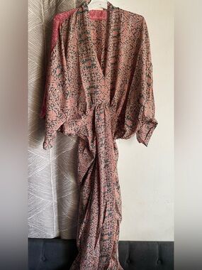 Sissel Edelbo Women Kaftan Pink Floral Sari V-Neck Floral Boho Size M-L NEW